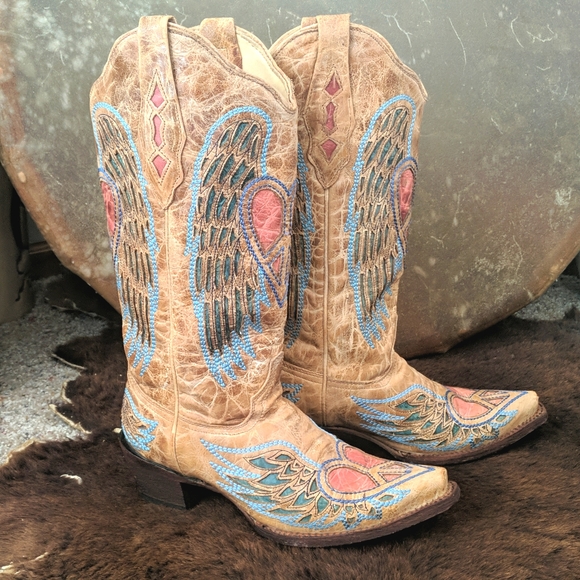 CORRAL A1976 wings & hearts distressed tan leather cowgirl boots snip toe sz 7 - Picture 10 of 16